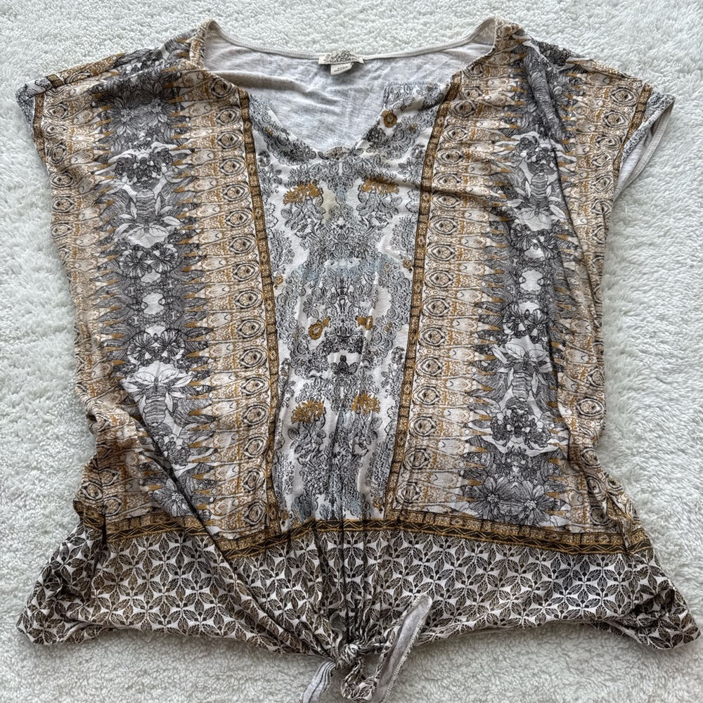 Lucky Brand Gray and Gold Printed Boho Tie-Hem Tunic